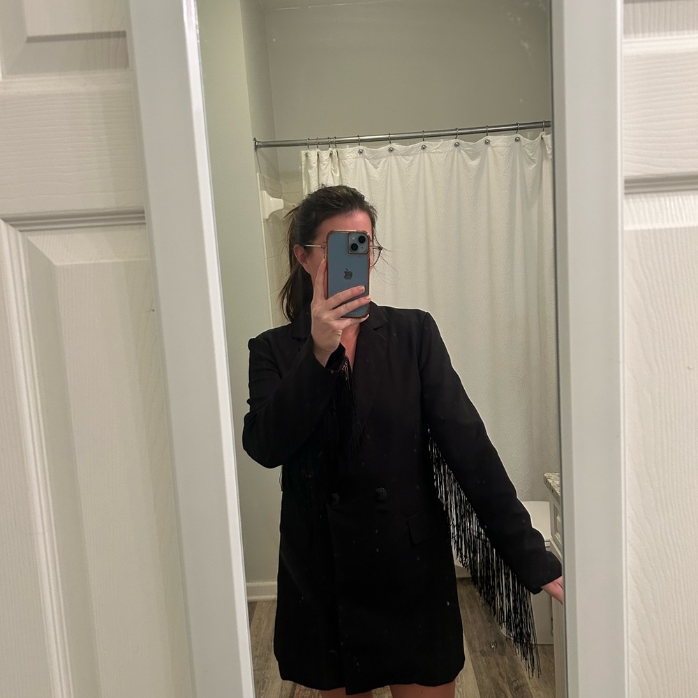 Black Double-Breasted Blazer with Fringe - Picture 3 of 3